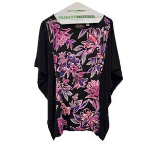 Bob Mackie Wearable Art Women M Pink Black Floral Tunic Kimono Sleeve Pullover